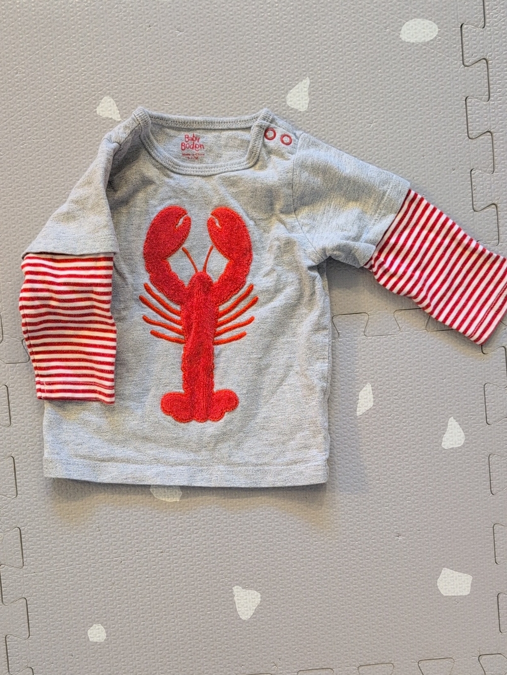Baby Boden Grey Long-Sleeve Tee with Red Lobster Applique